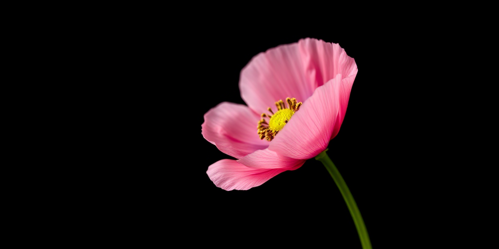 capture a single pink poppy flower isolated on a black background, shallow depth of field, f/2.8 aperture, ISO 100, 50mm lens, macro photography style, natural lighting, DSLR camera