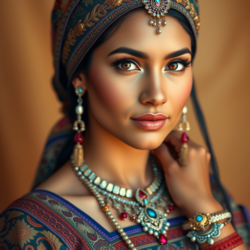Create a portrait of a beautiful Latino woman with striking red eyes and a gentle expression. She is adorned in traditional attire with intricate patterns, including a richly embroidered headscarf and matching garments. Her jewelry includes a delicate headpiece, dangling earrings, and ornate bracelets, all featuring vibrant gemstones and detailed metalwork. The background is soft and warm, enhancing the rich colors of her outfit and jewelry.