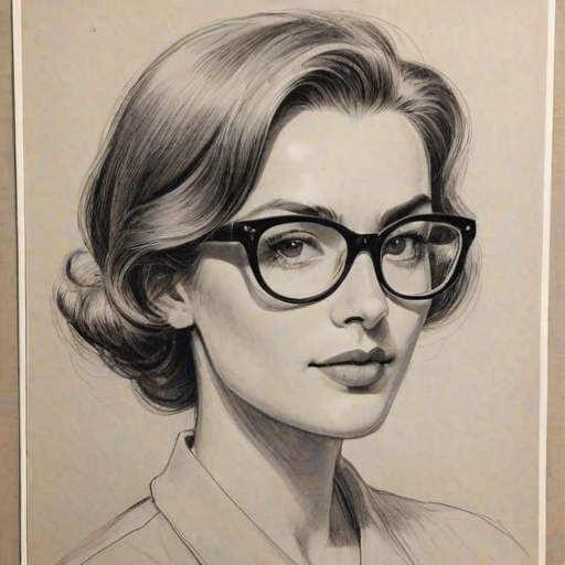 Splendid Leila George, pencil sketch, portrait of Comely woman 1955s in glasses, hair style beatnik, outline, clear lines, fine lines, 8k