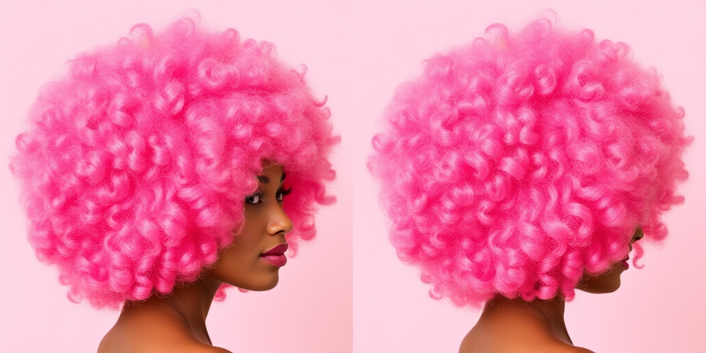 Bubblegum pink afro with rainbow-colored tips, named "Cotton Candy Dream" style, showcasing voluminous curls and a perfectly rounded shape