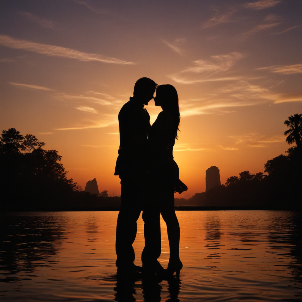 Romantic Silhouette of a Couple Embracing at Sunset by the Water