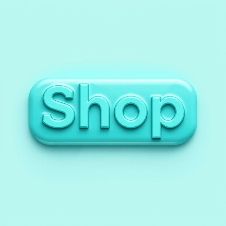 Create a high-resolution button design with a 3D effect, featuring the word "Shop" in a modern, sleek font, using a turquoise color scheme, with soft shadows for depth, shot with a DSLR camera at f/4 aperture, ISO 100, and a 50mm lens, in bright studio lighting for optimal clarity.