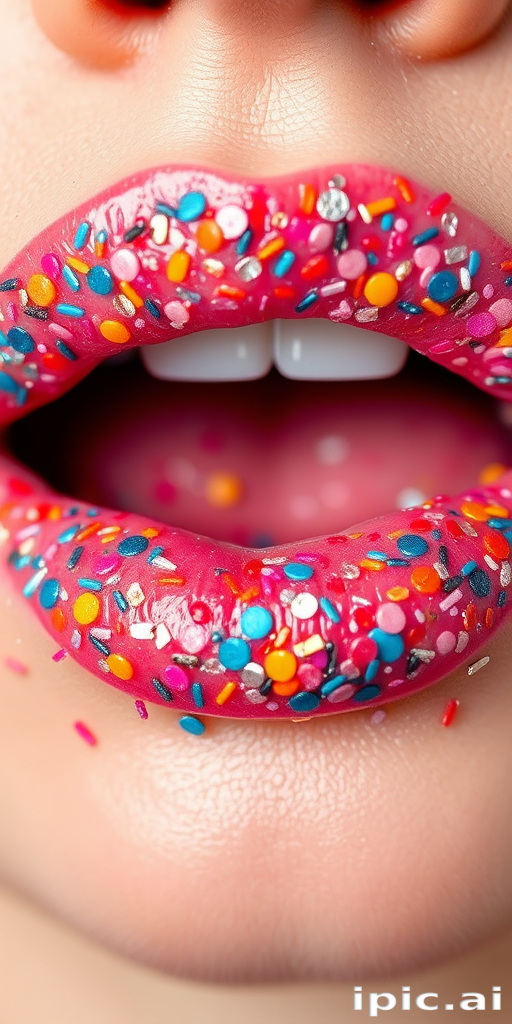 Playful confetti lips adorned with tiny multicolored specks on a clear gloss base, creating a festive and joyful appearance