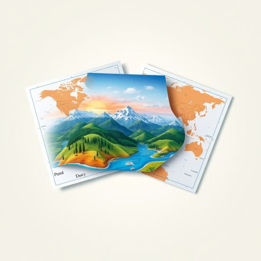 Create a vibrant digital illustration of three overlapping maps with scenic landscapes, use a DSLR camera with a 50mm lens, aperture f/1.8, ISO 100, in a flat lay view, high contrast colors, sharp details, and a soft gradient background for enhanced visual impact.