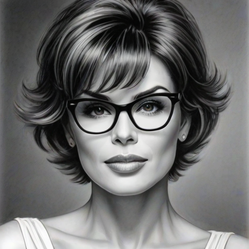Appealing Lisa Rinna, pencil sketch, portrait of Enchanting woman 1948s in glasses, hair style beatnik, outline, clear lines, fine lines, 8k
