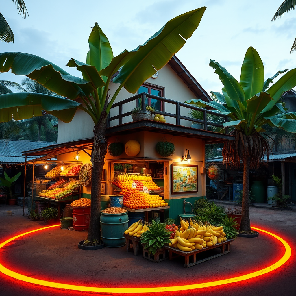 A vibrant tropical fruit market with a small, two-story building. A large banana tree stands nearby, with the fruit displayed on the balcony. The ground is surrounded by a glowing orange and yellow ring