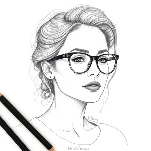 Beautiful Natalie Portman, pencil sketch, portrait of beautiful woman 60s in glasses, hair style beatnik, outline, clear lines, fine lines, 8k