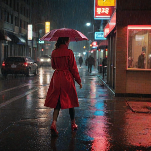 Rainy street corner at night, neon lights reflecting off the wet pavement, a woman in a red coat hurries across the street, her umbrella held tightly as passing cars splash through puddles.