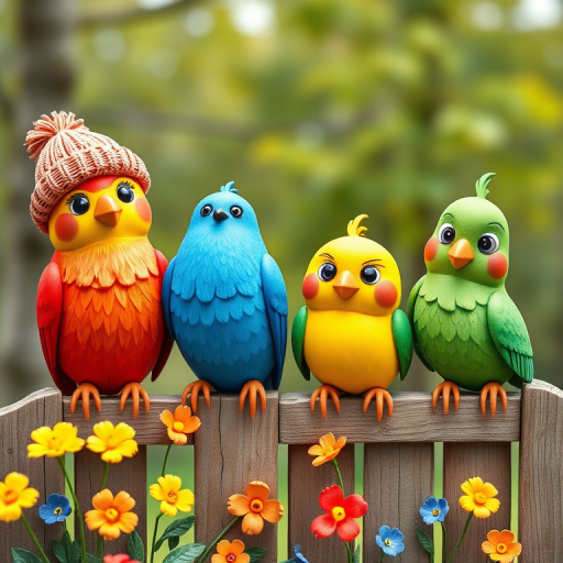 create a scene of 4 quirky  whimsical colourful comical birds each with a funny expression. they are sat on a wooden fence with colourful flowers. they are all different sizes. each one is a different colour  one is wearing a woolly hat. Each one has a different quirky google expression and there is a muted background of trees watercolour paintierly style high definition 8k resolution 3D paper mache