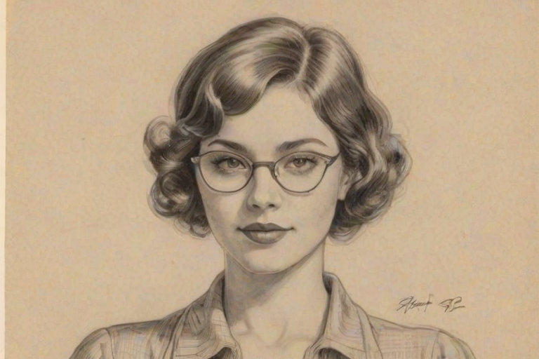 Superb Jillian Rose Reed, pencil sketch, portrait of Enchanting woman 1931s in glasses, hair style beatnik, outline, clear lines, fine lines, 8k