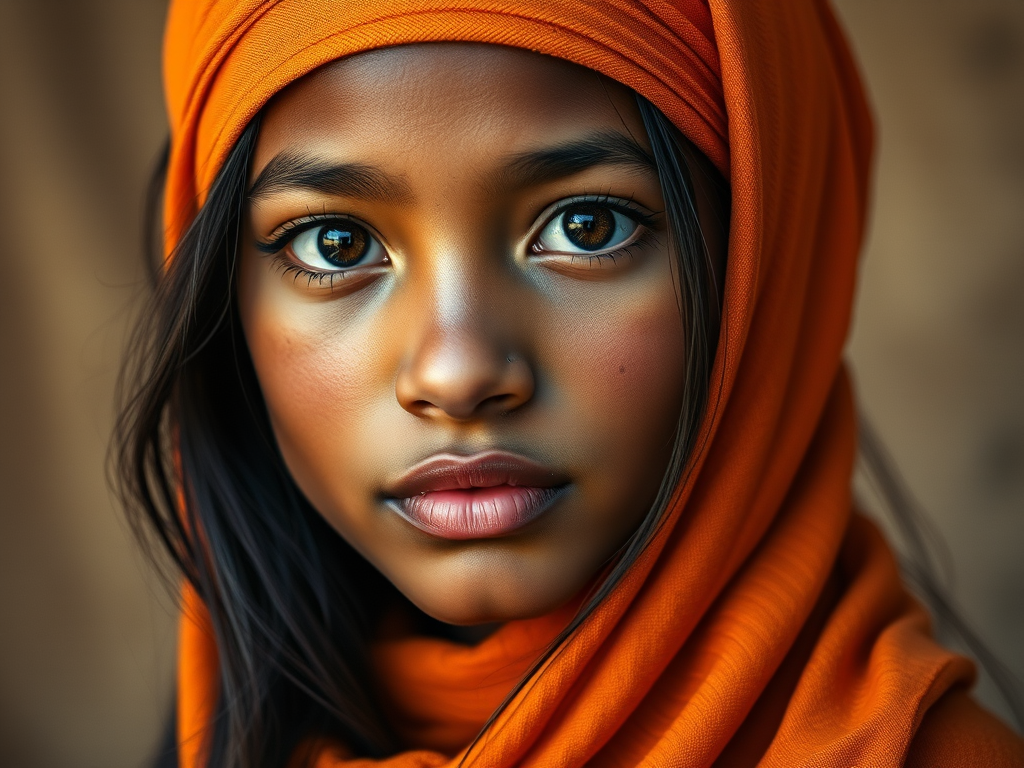 Create a portrait of a young Taino female with long, dark hair and captivating hazel eyes. She is wearing a orange headscarf and a matching scarf draped gracefully around her neck. The background is softly blurred, focusing attention on her serene and natural expression. The overall color palette is muted and warm, enhancing the intimate and authentic feel of the portrait.