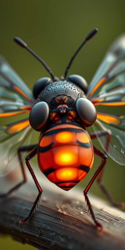 Create a highly detailed digital illustration of a cartoonish firefly, showcasing its glowing rear end and large eyes, captured in a macro view with a soft focus background, using a Canon EOS R5 with a 100mm f/2.8 macro lens, aperture set to f/5.6, ISO 200, and a shutter speed of 1/200s to enhance the image quality.