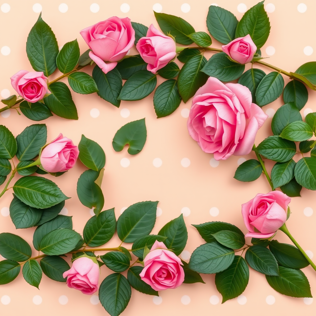 Create a floral frame with pink roses and green leaves on a soft peach background with polka dots, using a Canon EOS R5, 50mm lens, f/2.8 aperture, and natural soft lighting to enhance the colors and details.