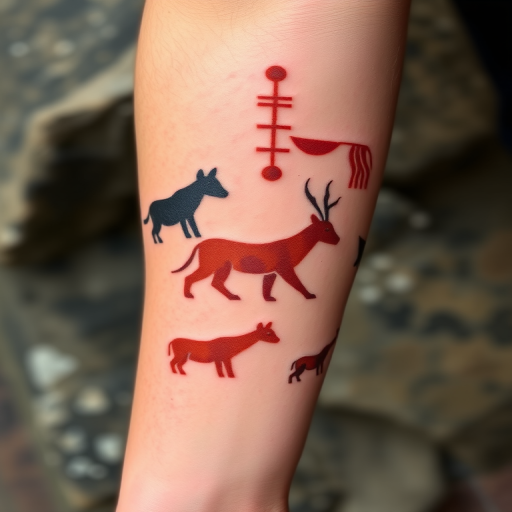 Prehistoric cave art tattoo, "Ancient Echoes," inspired by Paleolithic rock paintings, featuring simplified animal silhouettes and symbolic shapes in earthy tones of red, brown, and black, creating a primitive yet powerful design