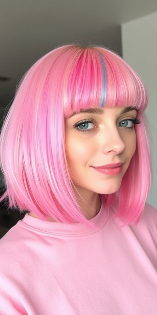 Whimsical pastel pink bob with blunt bangs, incorporating playful rainbow-colored streaks throughout, embodying a fun and youthful aesthetic