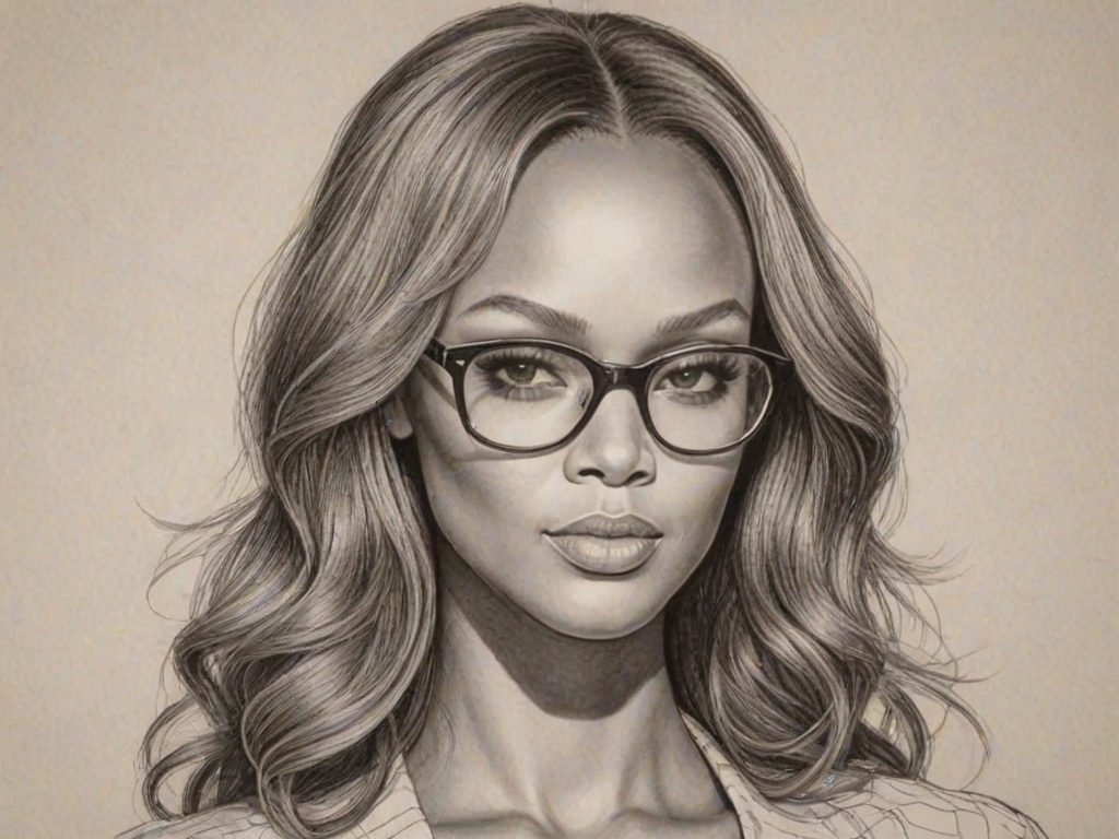 Enticing Tyra Banks, pencil sketch, portrait of Resplendent woman 1976s in glasses, hair style beatnik, outline, clear lines, fine lines, 8k