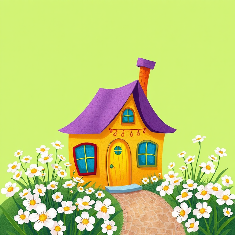 A whimsical illustration of a colorful house with a purple roof and yellow walls, surrounded by white flowers, set against a vibrant green background, captured using a wide-angle lens, f/8 aperture, ISO 100, in a digital illustration style for enhanced clarity and detail.