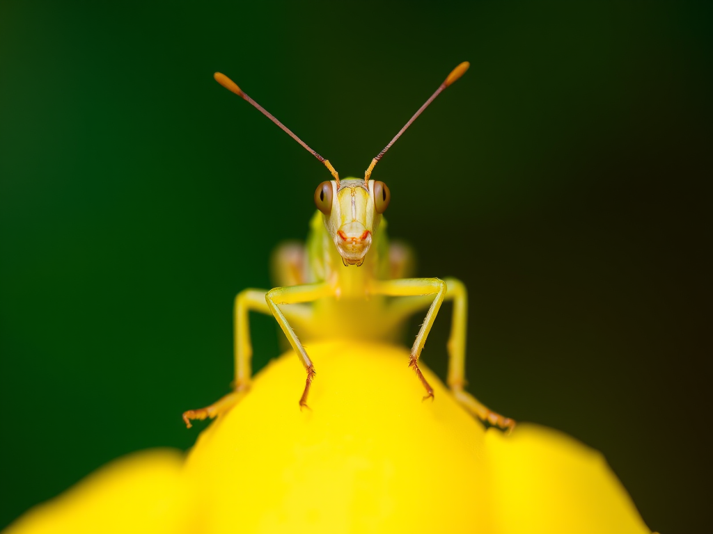 Close-up of a grasshopper perched on a vibrant yellow flower, macro lens, f/2.8 aperture, 1/200 sec shutter speed, ISO 100, natural light, taken with a DSLR camera.