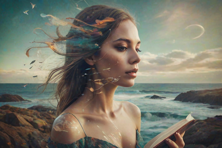imagine Book cover, A surreal double exposure portrait that blends a woman's face with a beautiful seascape. The overall mood is dreamy and mystical, with rich colors and intricate details