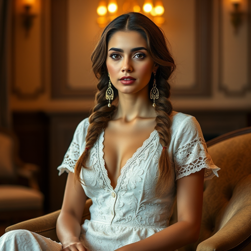 Create a portrait of a refined and elegant Kurdish woman seated in a sophisticated setting. She has long, wavy hair styled in two thick braids that are pulled over her shoulders. She wears a white, lace gown with intricate patterns, featuring a deep V-neckline and short sleeves. The dress exudes a vintage charm with its delicate lacework. She is adorned with ornate, dangling earrings that add a touch of glamour to her appearance. The background is softly lit, with warm, ambient lighting that creates a cozy and inviting atmosphere. Her expression is poised and serene, capturing a sense of grace and elegance.