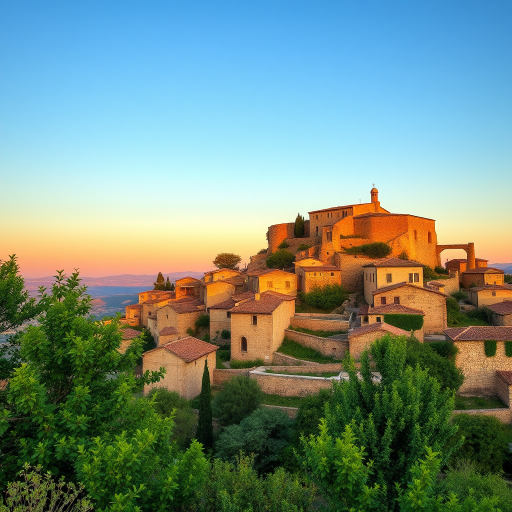 regenerate a scenic view of a historic hilltop village with ancient stone buildings and lush greenery in the foreground, sunset lighting, use a DSLR camera with a 24mm lens, aperture f/8, ISO 100, 1/200 sec, shot from an elevated viewpoint to capture the landscape and village details.