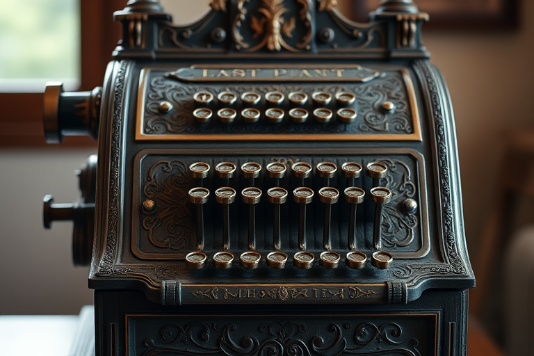 Create a high-resolution image of an antique cash register, showcasing intricate details and textures, taken with a DSLR camera using a 50mm lens, aperture set to f/1.8, ISO 100, with natural lighting and a shallow depth of field to enhance the subject against a blurred background.