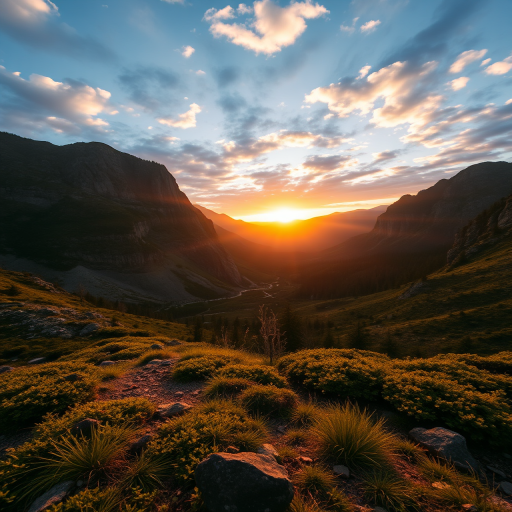 Create a high-resolution image of a serene mountain landscape during sunrise, using a DSLR camera with a 24mm lens, aperture set at f/8, ISO 100, shutter speed 1/125s, in a wide-angle view for depth, with vibrant colors and clear details.