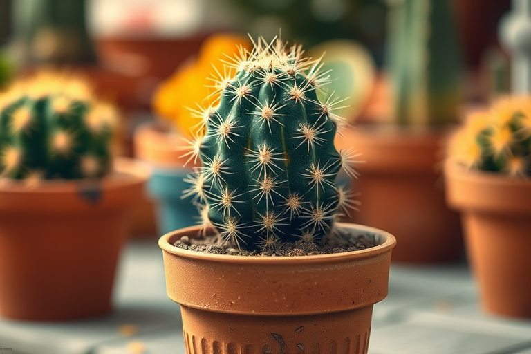 Create a highly detailed illustration of a cactus in a brown pot, use a shallow depth of field, set aperture to f/2.8, ISO 100, 50mm lens, with a soft focus background and vibrant colors for enhanced image quality.