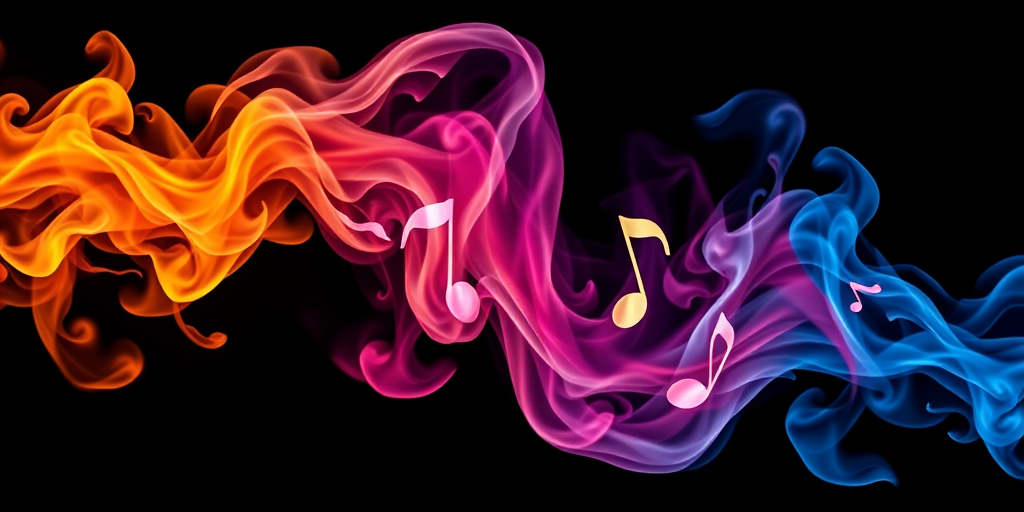 Create an abstract composition of colorful musical notes intertwined with vibrant swirling smoke on a black background, captured with a Canon EOS 5D Mark IV, f/8 aperture, ISO 100, 50mm lens, and a wide-angle shot to enhance depth and clarity.