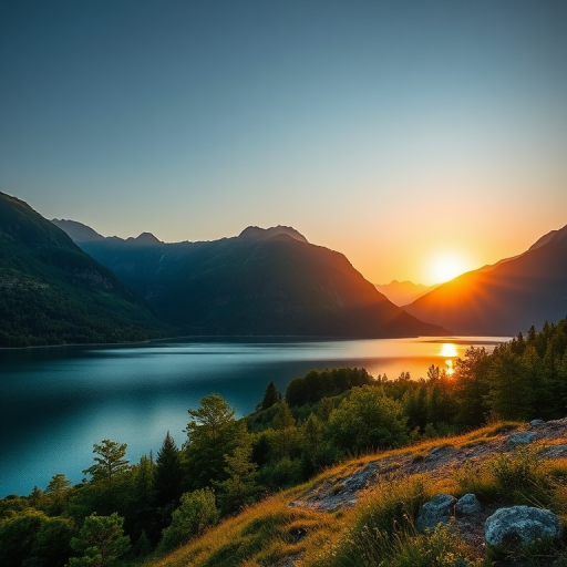 Create a high-resolution image of a serene landscape featuring a calm lake surrounded by lush green mountains during sunrise, using a DSLR camera with a 50mm lens at f/1.8, ISO 100, shutter speed 1/200s, in landscape orientation and natural lighting to enhance image quality.