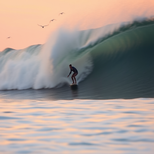 Blurry action shot of a surfer riding a massive wave at sunrise, the water's surface catching soft pink and orange reflections from the sky, with distant seagulls flying in the background.