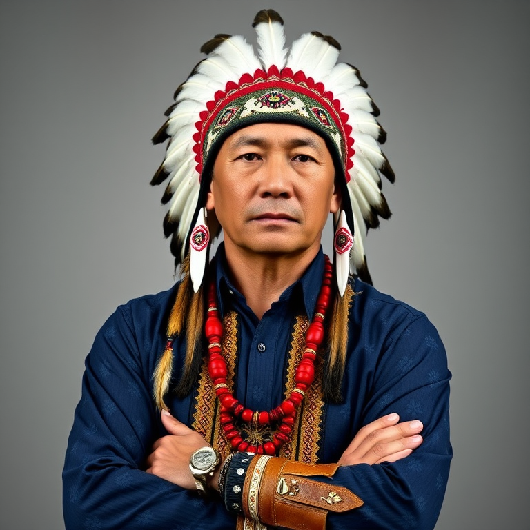 Create a dignified portrait of a Native American man dressed in traditional attire. He wears a beautifully crafted headdress adorned with white feathers and red beads, along with a beaded headband featuring intricate patterns. His clothing includes a deep blue, patterned shirt and a traditional chest piece with detailed beadwork. His arms are crossed, displaying leather armbands decorated with feathers. The background is simple and neutral, emphasizing his proud and stoic expression. The overall image captures the rich cultural heritage and strength of his persona.