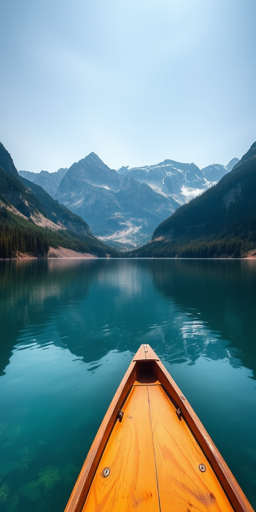 capture a serene lake scene with a boat in the foreground surrounded by majestic mountains under a clear sky using a DSLR camera with a 24mm lens, f/8 aperture, ISO 100, shutter speed 1/200s, in HDR photography style from a slightly elevated view
