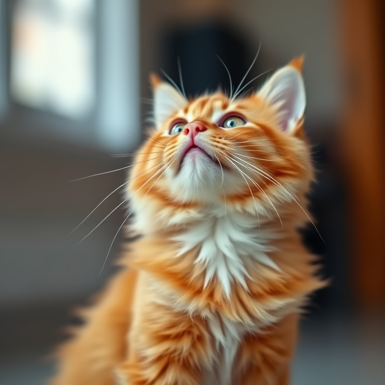 Capture a high-quality image of a fluffy orange cat looking upwards, using a shallow depth of field with a blurred background, ISO 100, aperture f/2.8, shutter speed 1/200s, 85mm lens, natural light, taken with a DSLR camera in portrait orientation.