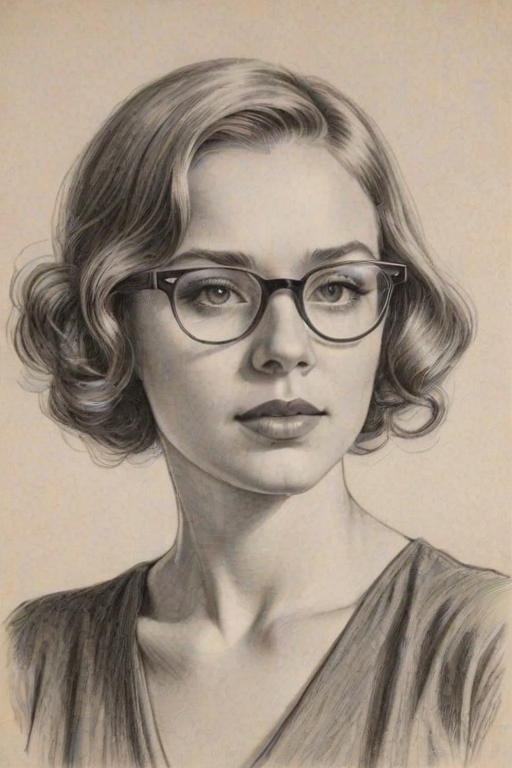 Resplendent Sofia Vassilieva, pencil sketch, portrait of Charming woman 1931s in glasses, hair style beatnik, outline, clear lines, fine lines, 8k