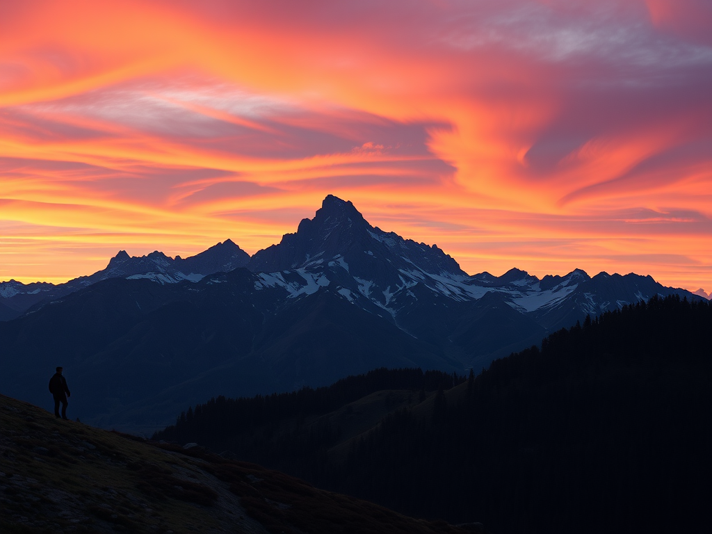 Create a high-resolution image of a serene mountain landscape at sunrise with vibrant colors, using a Canon EOS R5 camera, a 24-70mm lens set to f/8, ISO 100, shutter speed 1/125s, in a landscape orientation with a slight tilt-up perspective to capture the sky and peaks.