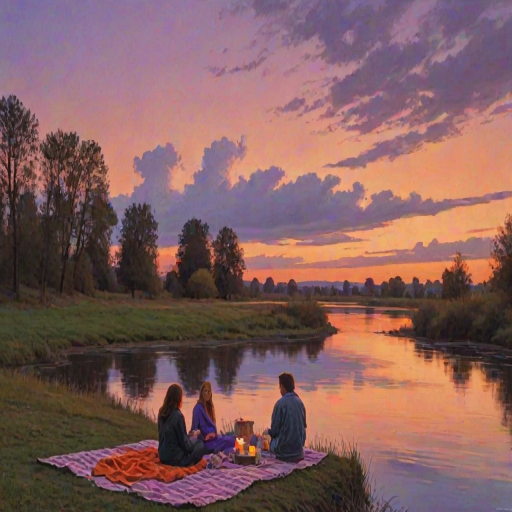 Scenic riverbank at sunset, a couple sitting on a blanket, sharing a picnic, with the sky painted in shades of orange and purple, reflecting on the water.