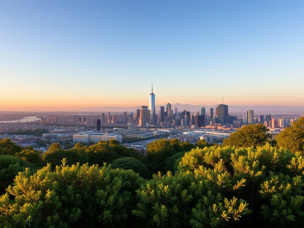 Capture a panoramic view of a city skyline with lush green foreground, emphasize depth and clarity, use a wide-angle lens at f/8, ISO 100, shutter speed 1/250, shoot in natural light at golden hour, digital DSLR.