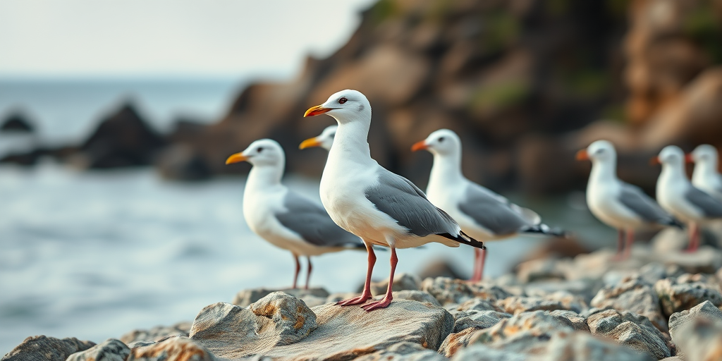 a group of seagulls standing on rocky terrain by the shore with a soft focus background