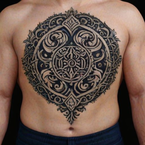 Ornamental blackwork tattoo dubbed "Royal Insignia" featuring elaborate filigree patterns and heraldic symbols reminiscent of medieval coats of arms