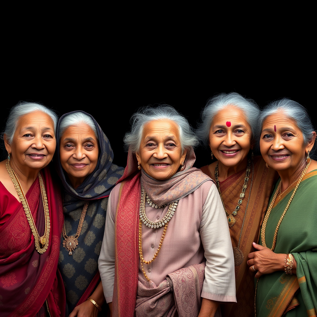 Generate an image of five elderly women smiling together, wearing traditional clothing and ornate jewelry, with a dark background, shot with a Canon EOS R5, 50mm lens, aperture f/2.8, ISO 100, soft studio lighting, and focused depth of field.