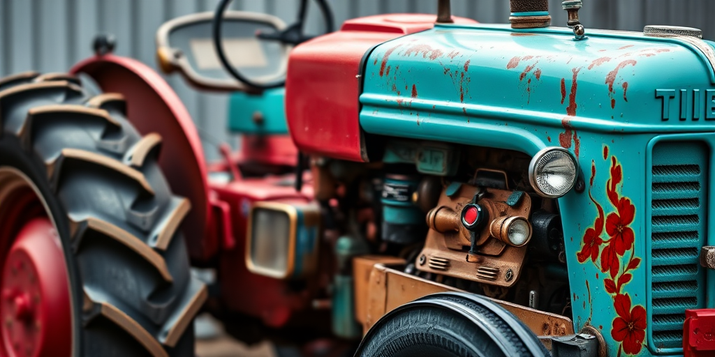Create an image of a vintage turquoise and red tractor, captured with a DSLR camera using a 50mm lens at f/1.8, ISO 100, and a shallow depth of field, with a side view showcasing the details and textures of the tractor against a blurred background.