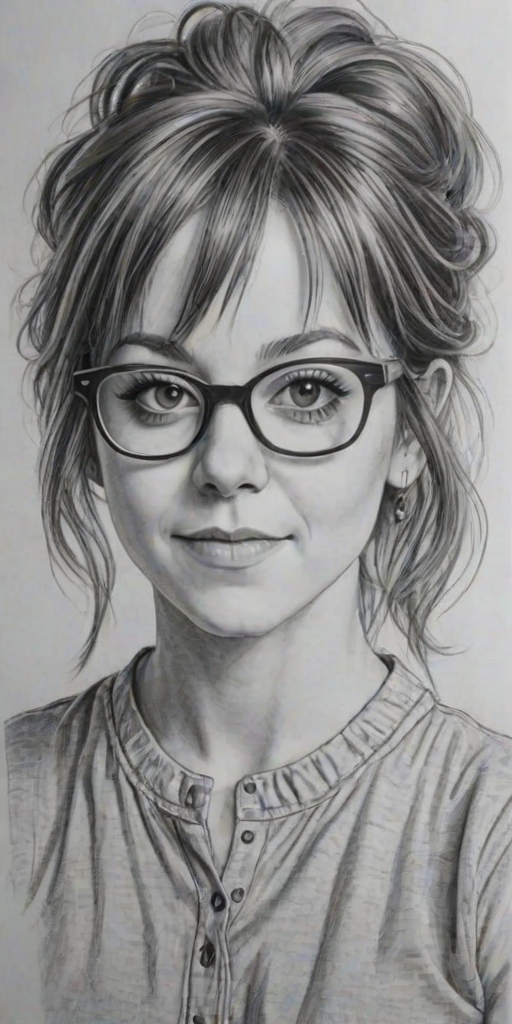 Magnificent Lindsey Stirling, pencil sketch, portrait of Attractive woman 1976s in glasses, hair style beatnik, outline, clear lines, fine lines, 8k
