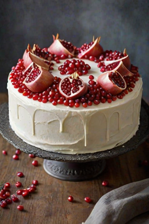 Create a beautifully decorated cake with a smooth white frosting. The cake should have a striking design featuring pomegranate seeds and edible flowers on top. Include a textured element on one side of the cake, where the frosting is partially removed to reveal the layers inside. Place the cake on a vintage-style cake stand, with a dark, rustic background to enhance its elegance.