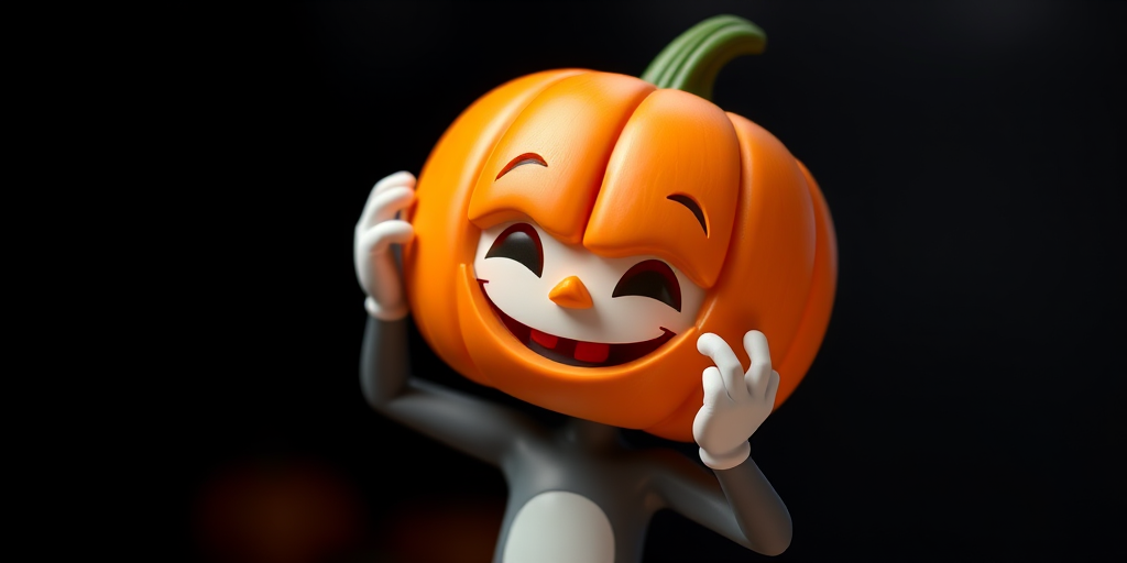 A 3D character with a pumpkin head and smiling face, posing playfully, studio lighting, shallow depth of field, 50mm lens, f/2.8 aperture, ISO 100, soft focus background, high-quality rendering, vibrant colors.