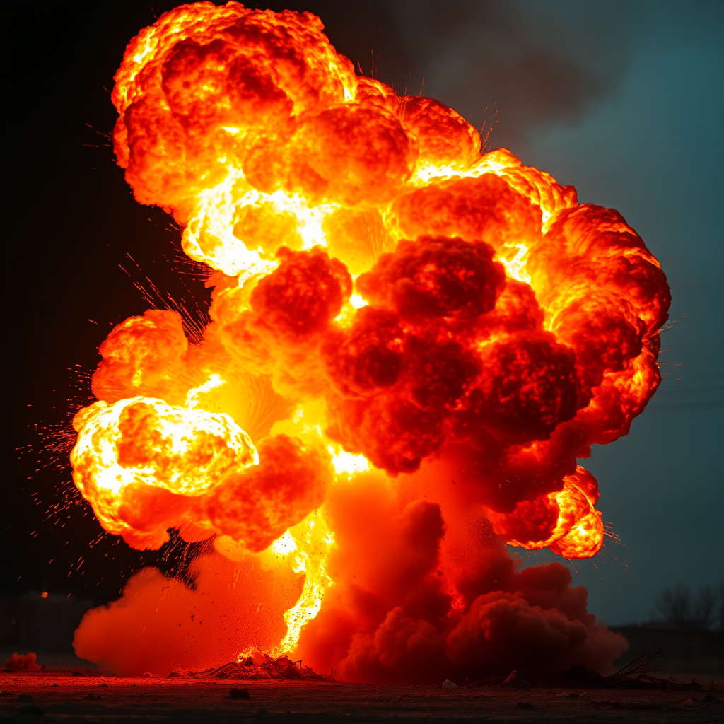 Generate a high-resolution image of an explosion with dramatic lighting, using a DSLR camera, 50mm lens, f/1.8 aperture, ISO 100, shutter speed 1/500 sec, 4K resolution, with a low-angle view for a cinematic effect.