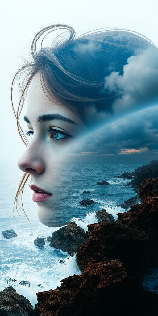 this picture is Book cover, A surreal double exposure portrait that blends a woman's face with a beautiful seascape. The overall mood is dreamy and mystical, with rich colors and intricate details