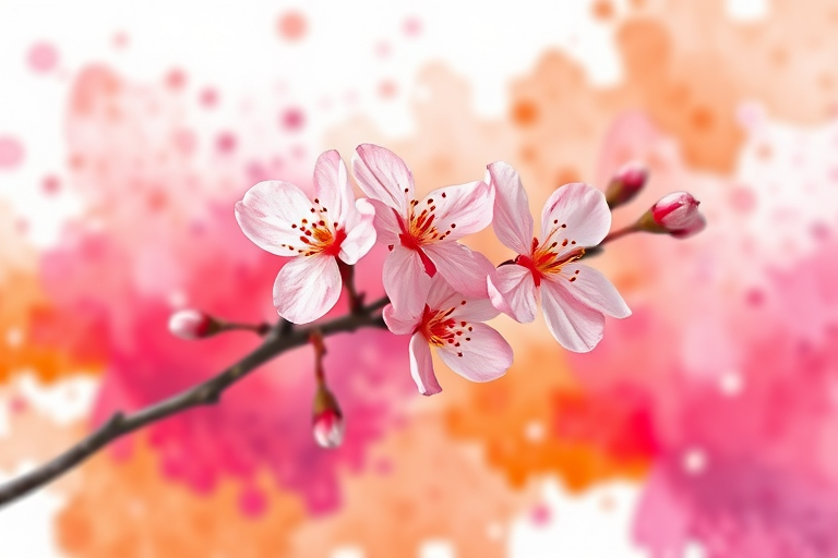 a high-resolution watercolor illustration of a delicate pink cherry blossom branch against a vibrant abstract background with splashes of orange and purple, captured with a Canon EOS 5D Mark IV, 50mm lens, aperture f/2.8, ISO 100, shallow depth of field, soft natural light
