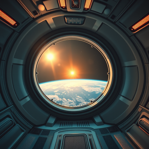 futuristic spaceship interior with a panoramic window showing Earth and sunrise, high dynamic range, 16mm lens, f/4 aperture, ISO 100, wide-angle view, digital camera, low perspective