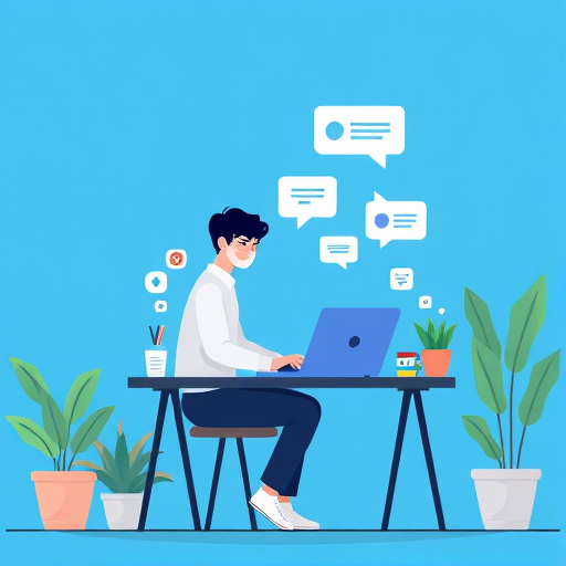 Create an illustration of a person sitting at a desk working on a laptop in a minimalist style, vibrant blue background, incorporating chat bubbles and social media icons, surrounded by indoor plants, use a digital painting technique, with a focus on clean lines and a modern aesthetic.